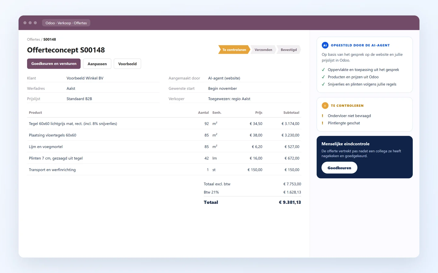 Voorbeeld van een offerteconcept in Odoo dat door een AI-agent is opgesteld, met productlijnen, totaalbedrag en een knop om goed te keuren