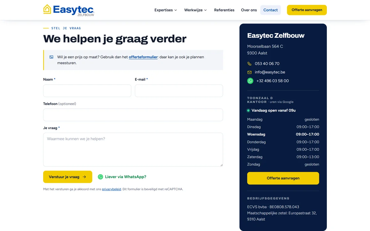 Contactpagina van easytec.be met de uitnodiging om langs te komen in de toonzaal