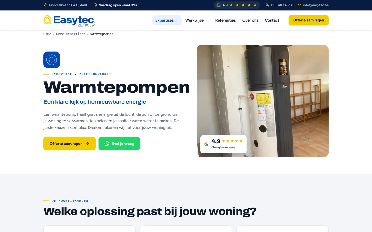 Expertisepagina op easytec.be met uitleg over een techniek en de knop naar de offerte