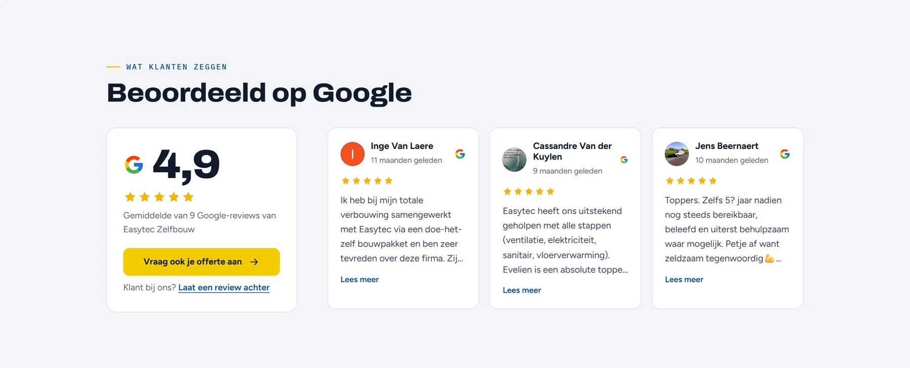 Sectie Beoordeeld op Google op easytec.be met de score, sterren en reviews
