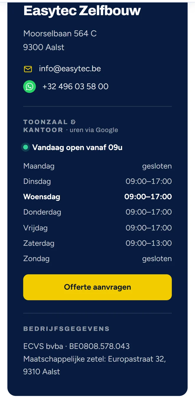 Hetzelfde openingsurenoverzicht van Easytec op een smartphone