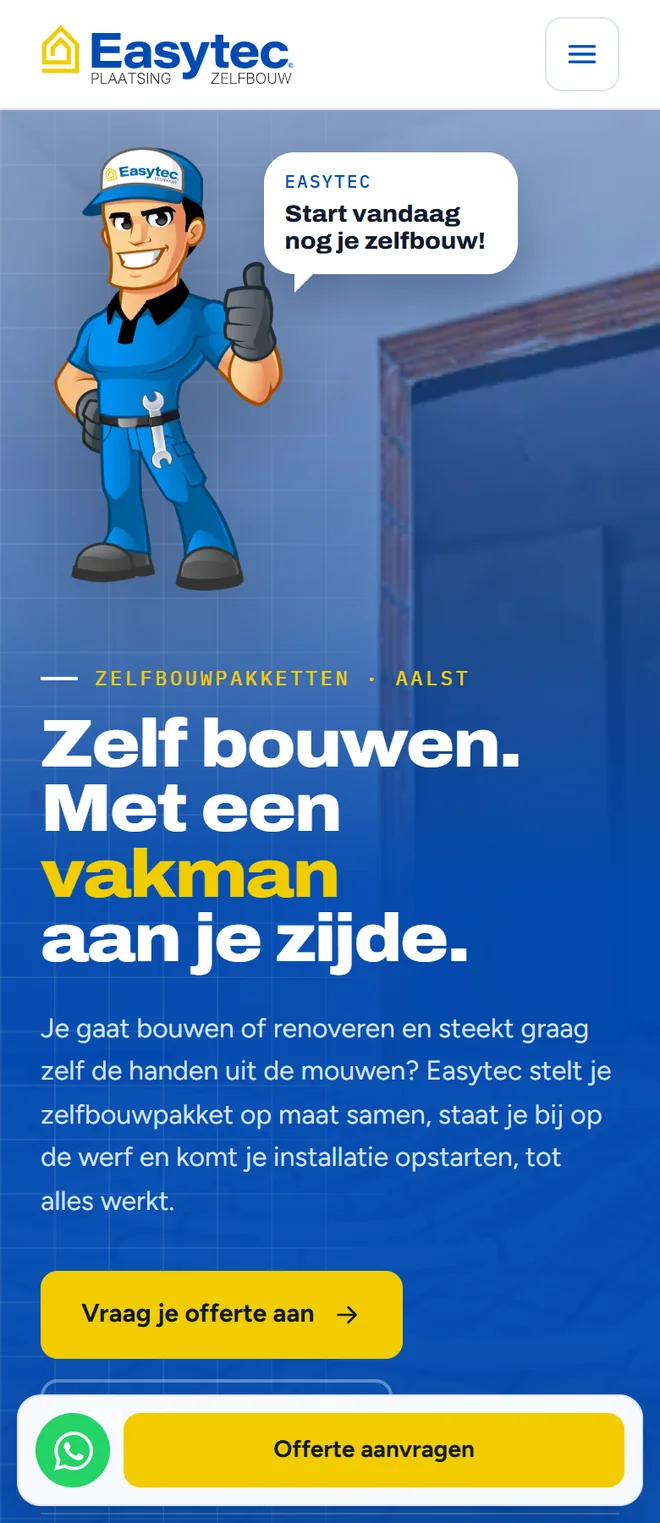 Mobiele website van Easytec met onderaan een vaste balk met een WhatsApp-knop en de knop Offerte aanvragen