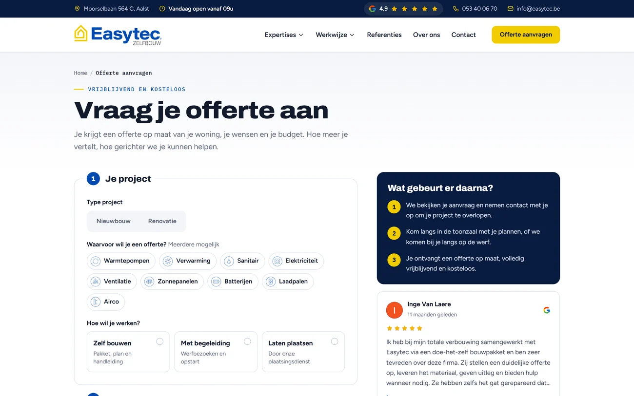 Offerteformulier van easytec.be met keuze voor nieuwbouw of renovatie, technieken en werkwijze