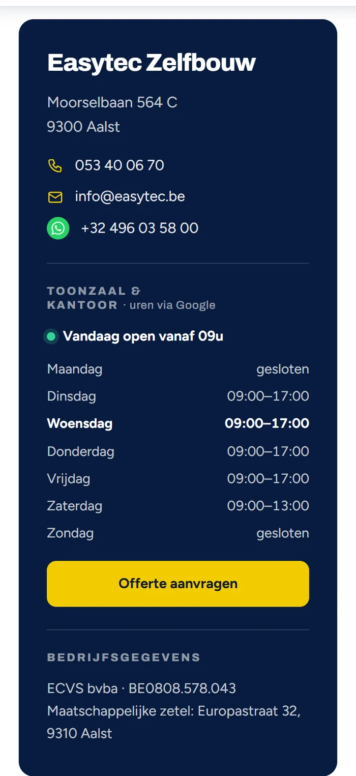 Weekoverzicht van de openingsuren van Easytec op de contactpagina, met het label uren via Google