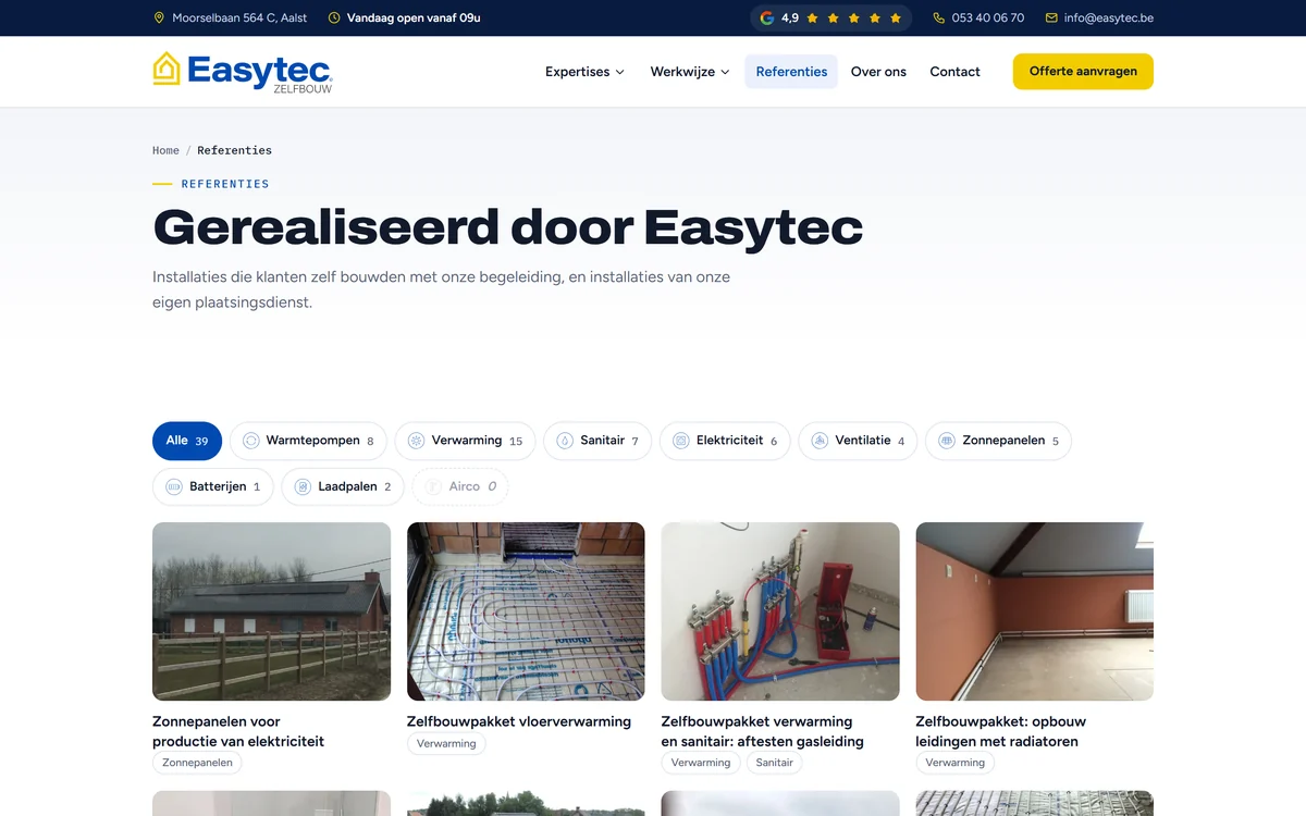 Referentiepagina op easytec.be met realisaties per techniek
