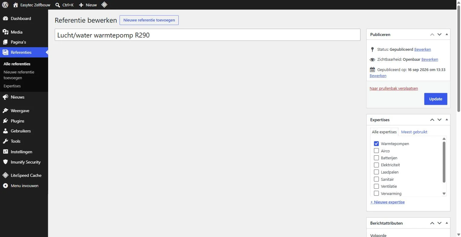 Bewerkscherm van een referentie in de WordPress-backend van easytec.be met de titel en de lijst expertises om aan te vinken