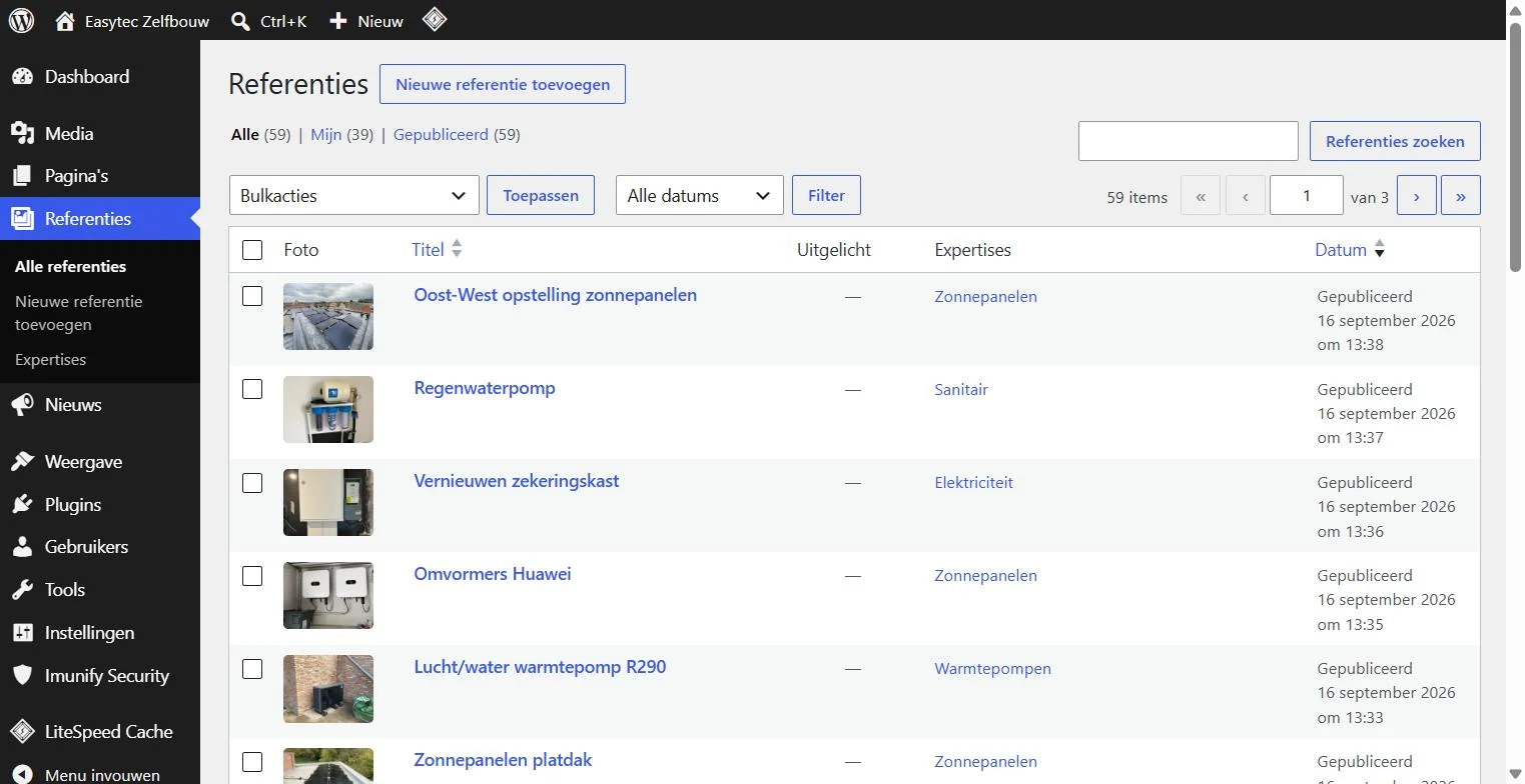 Backend van easytec.be in WordPress met de lijst Referenties: foto, titel, expertise en datum van elke referentie