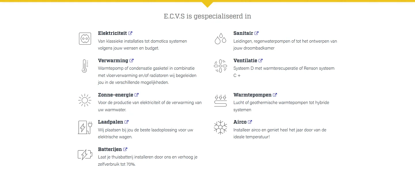 Overzicht van de negen technieken op ecvs.be: elektriciteit, sanitair, verwarming, ventilatie, zonne-energie, warmtepompen, laadpalen, airco en batterijen