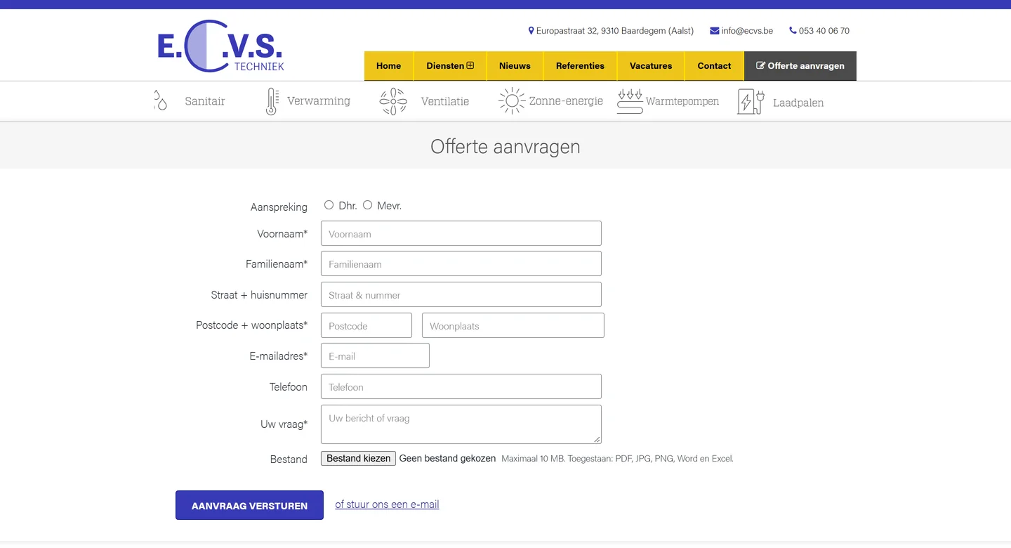 Offerteformulier op ecvs.be met velden voor naam, adres, e-mail, telefoon, vraag en een bestand