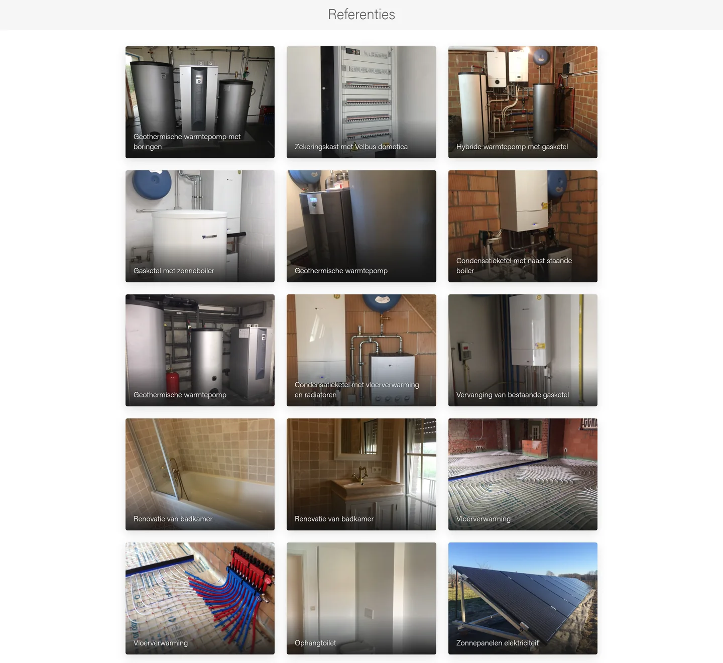 Referentiepagina van ecvs.be met foto’s van warmtepompen, ketels, badkamers, vloerverwarming en zonnepanelen