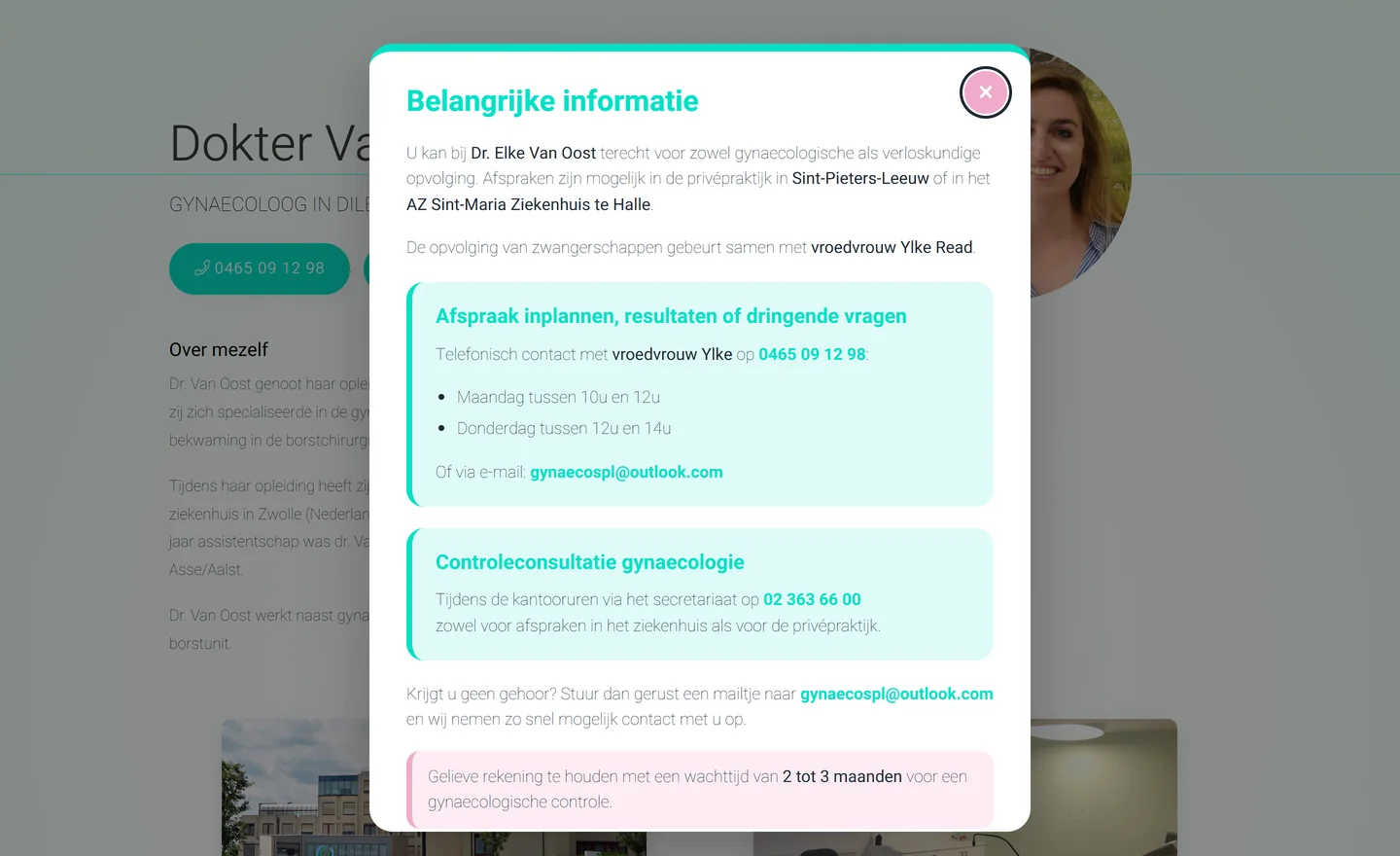 Venster met belangrijke informatie op gynaecoloogdilbeek.be: afspraken, telefonische uren van de vroedvrouw en wachttijd voor een controle