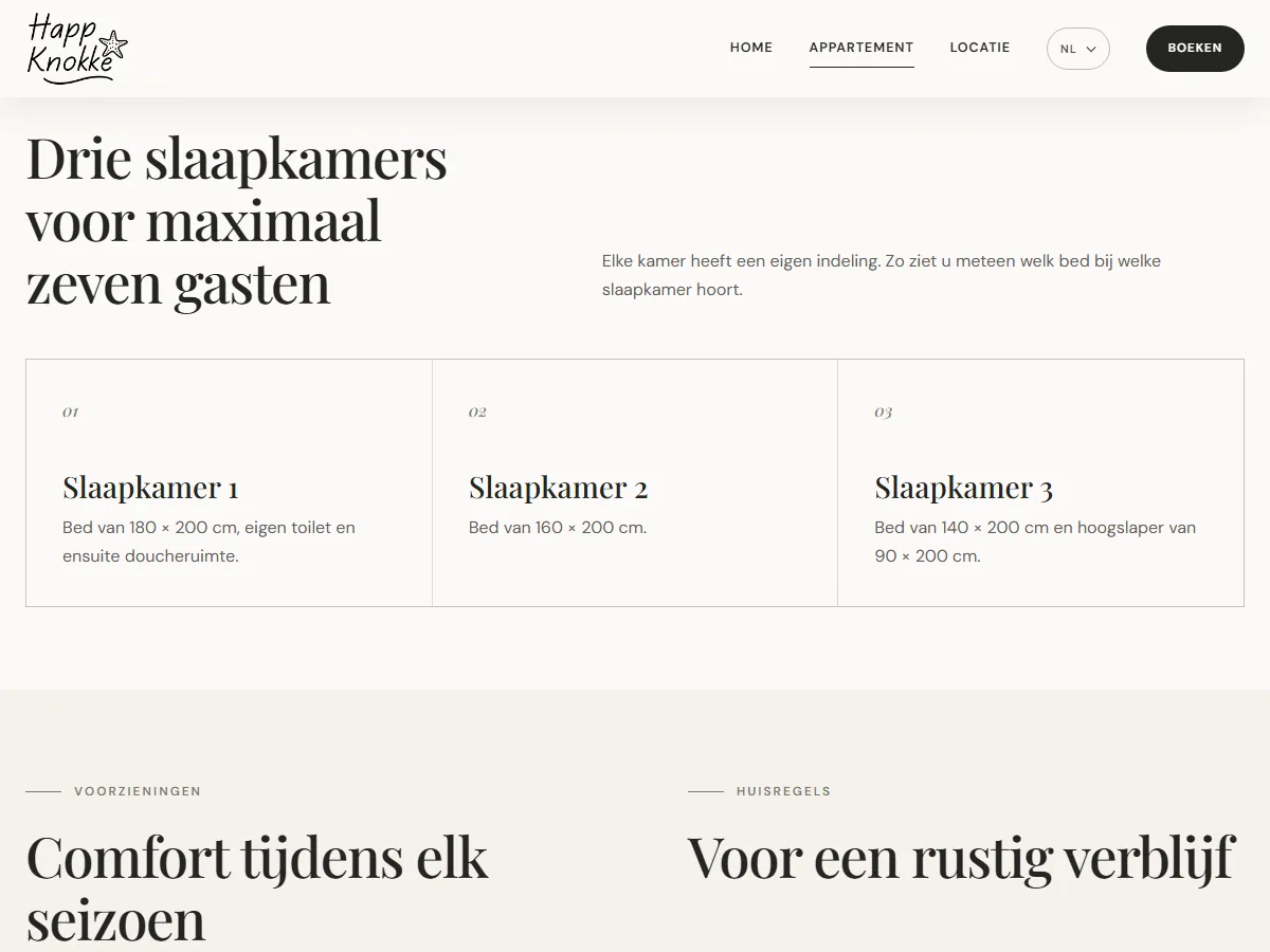 Pagina Het appartement op happknokke.be met de slaapindeling van de drie slaapkamers