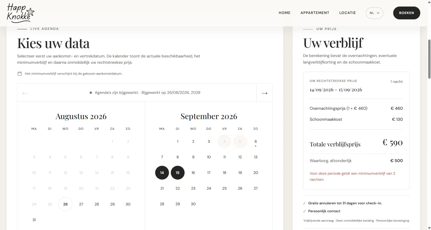 Beschikbaarheidskalender en automatische prijsberekening op de website van Happ Knokke