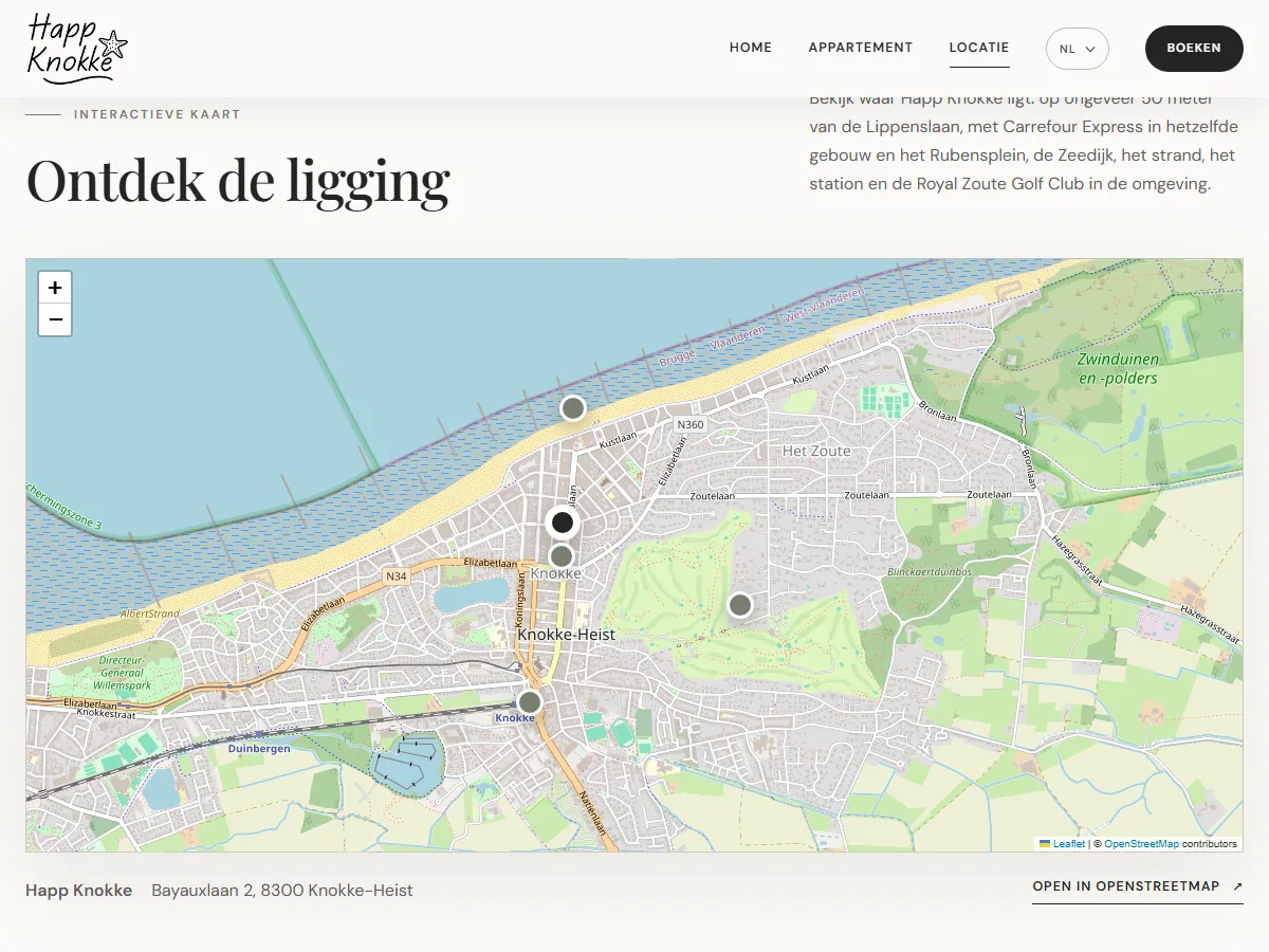 Locatiepagina van Happ Knokke met een interactieve kaart van Knokke-Heist
