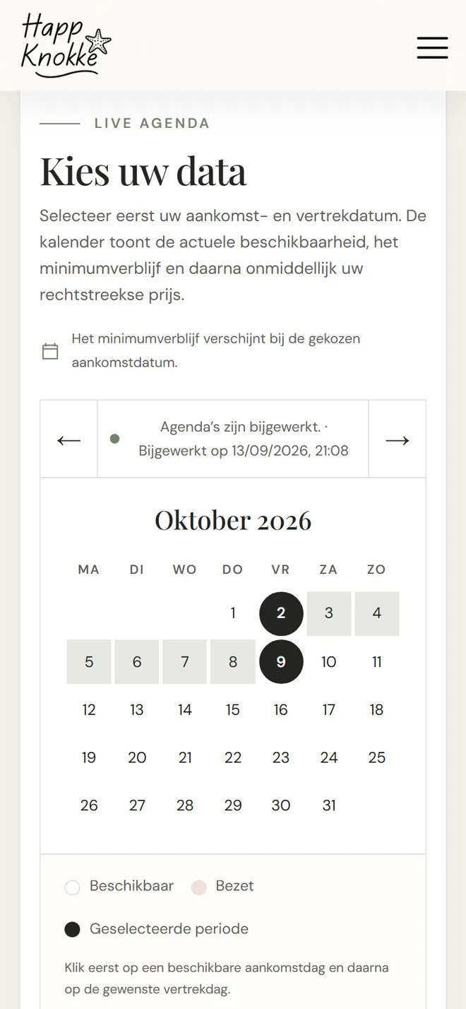 Mobiele kalender op happknokke.be met een geselecteerde periode van 2 tot 9 oktober