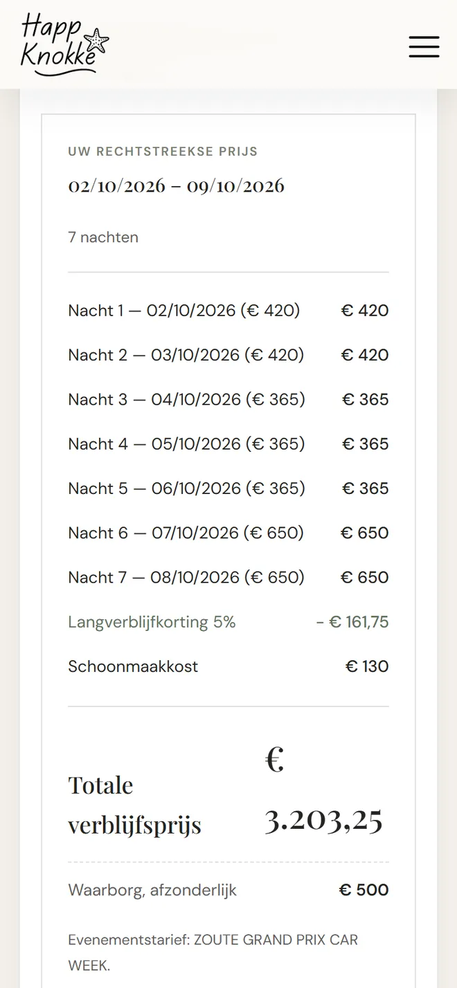 Mobiel prijsoverzicht met de prijs per nacht, langverblijfkorting, schoonmaakkost en totale verblijfsprijs