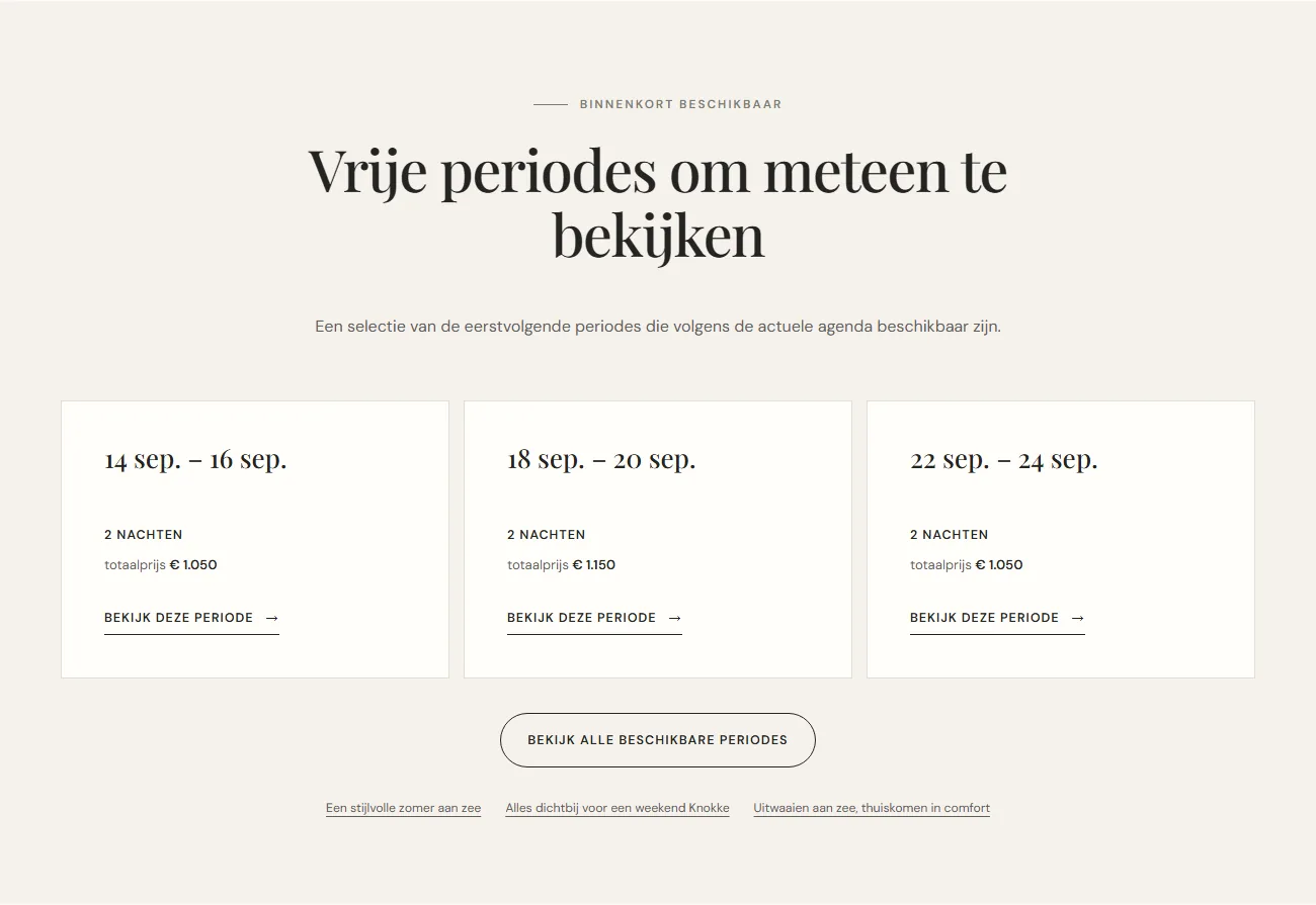 Automatisch getoonde vrije periodes met aantal nachten en totaalprijs op happknokke.be