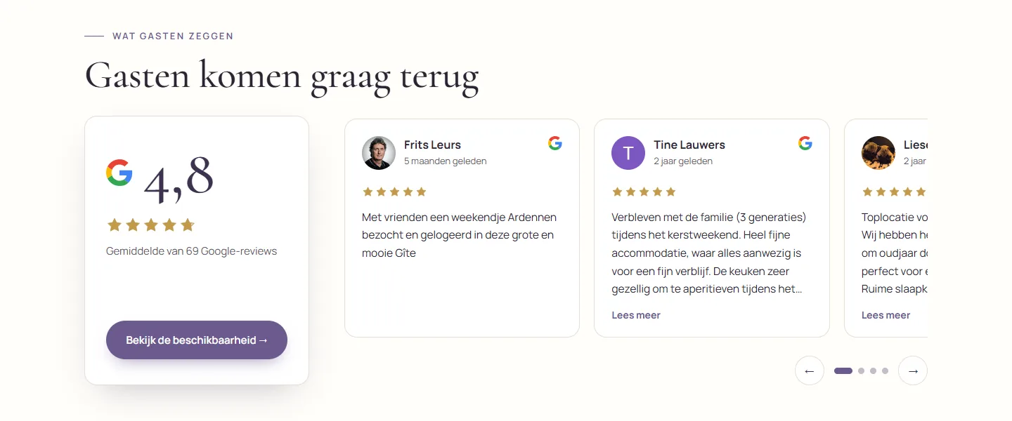 Sectie Wat gasten zeggen op lalavandiere.be met de Google-score 4,8 en recensies van gasten in een slider