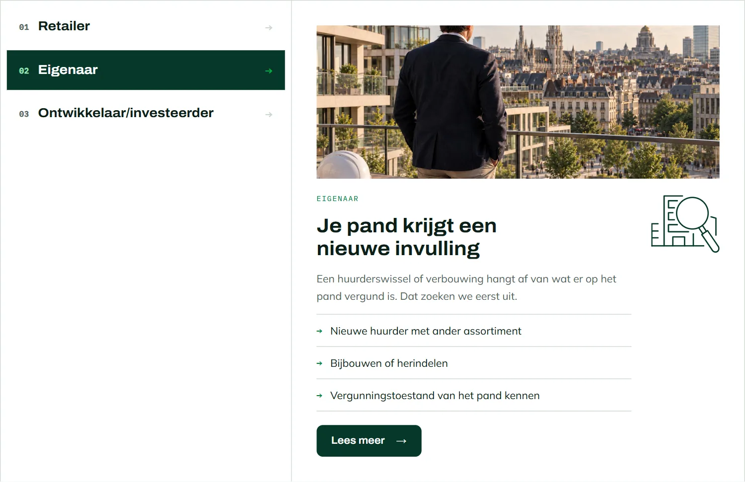 Tabbladen Retailer, Eigenaar en Ontwikkelaar/investeerder op licentius.be met het tabblad Eigenaar geopend