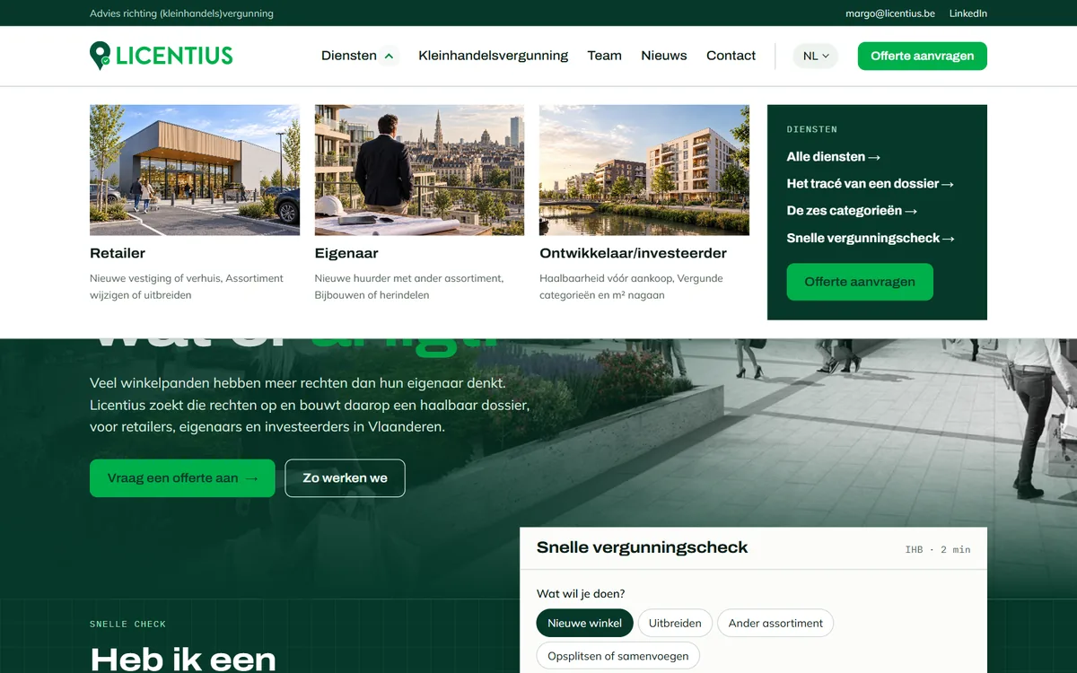 Uitklapmenu Diensten op licentius.be met foto's per doelgroep en snelkoppelingen naar de vergunningscheck