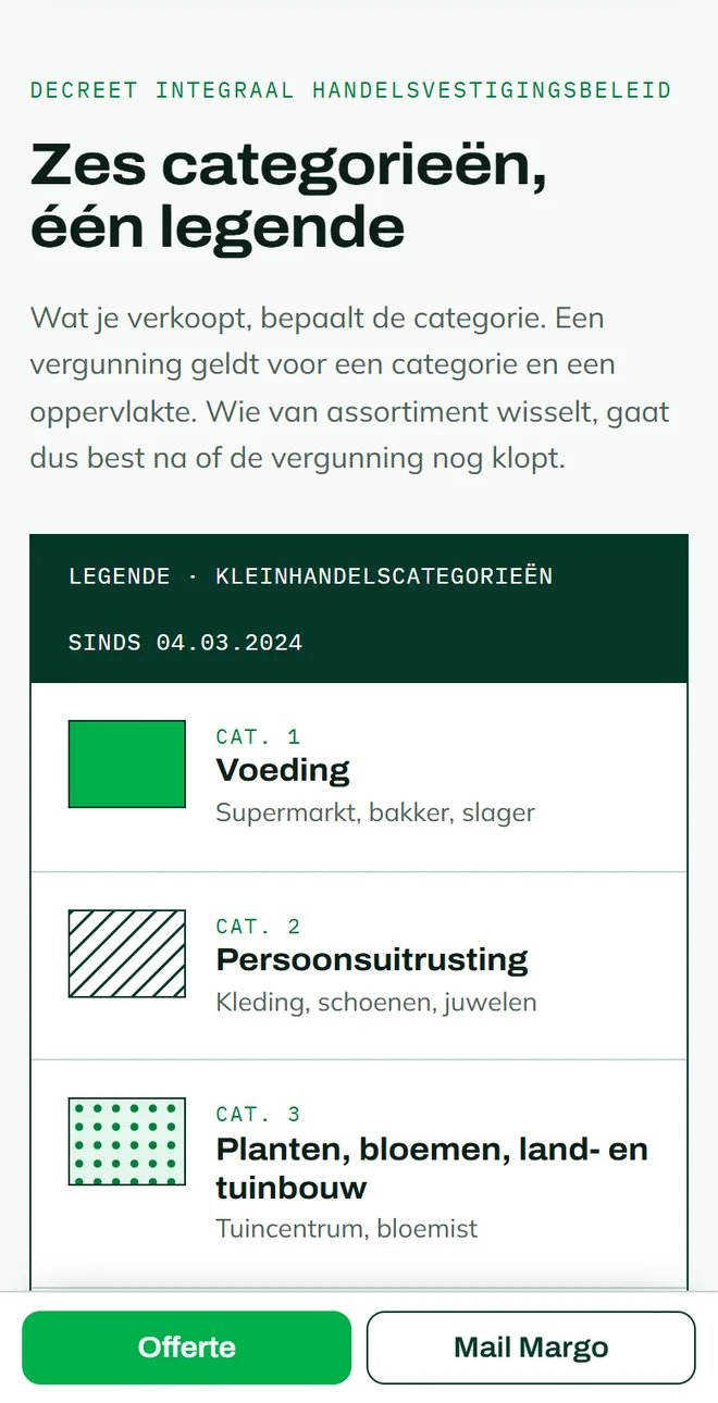 De legende van de kleinhandelscategorieën op een smartphone met onderaan de knoppen Offerte en Mail Margo