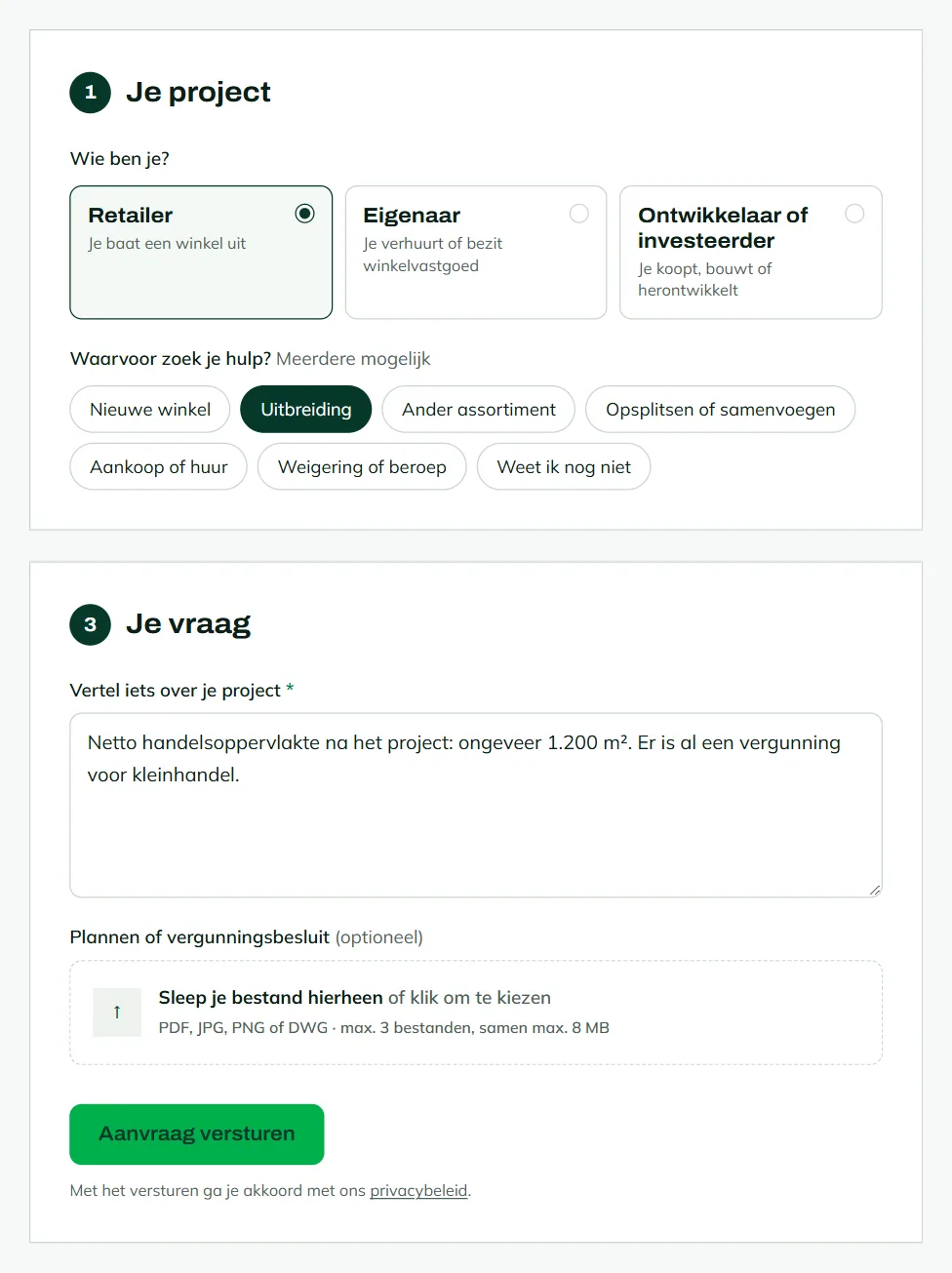 Offerteformulier op licentius.be waarin de keuze Uitbreiding en de tekst over 1.200 m² en een bestaande vergunning al zijn ingevuld