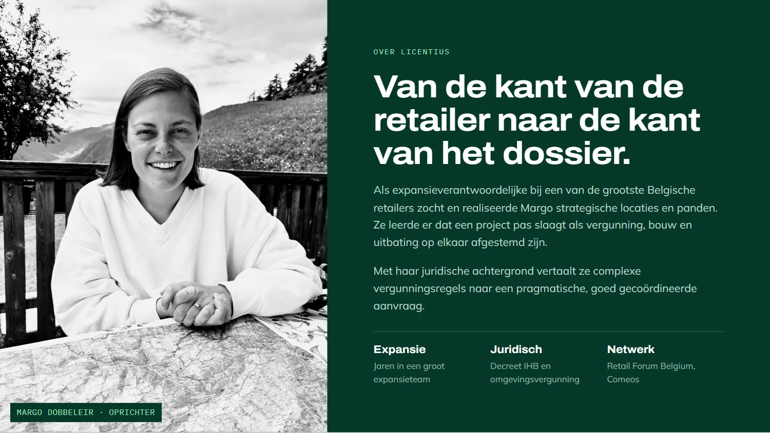 Teampagina van licentius.be met een foto van Margo Dobbeleir en de titel Van de kant van de retailer naar de kant van het dossier
