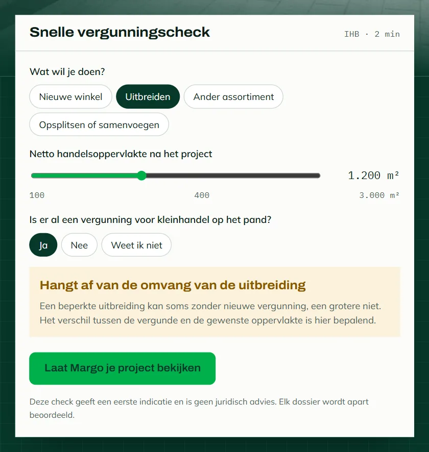De snelle vergunningscheck op licentius.be met de keuze Uitbreiden, 1.200 m² netto handelsoppervlakte en een bestaande vergunning