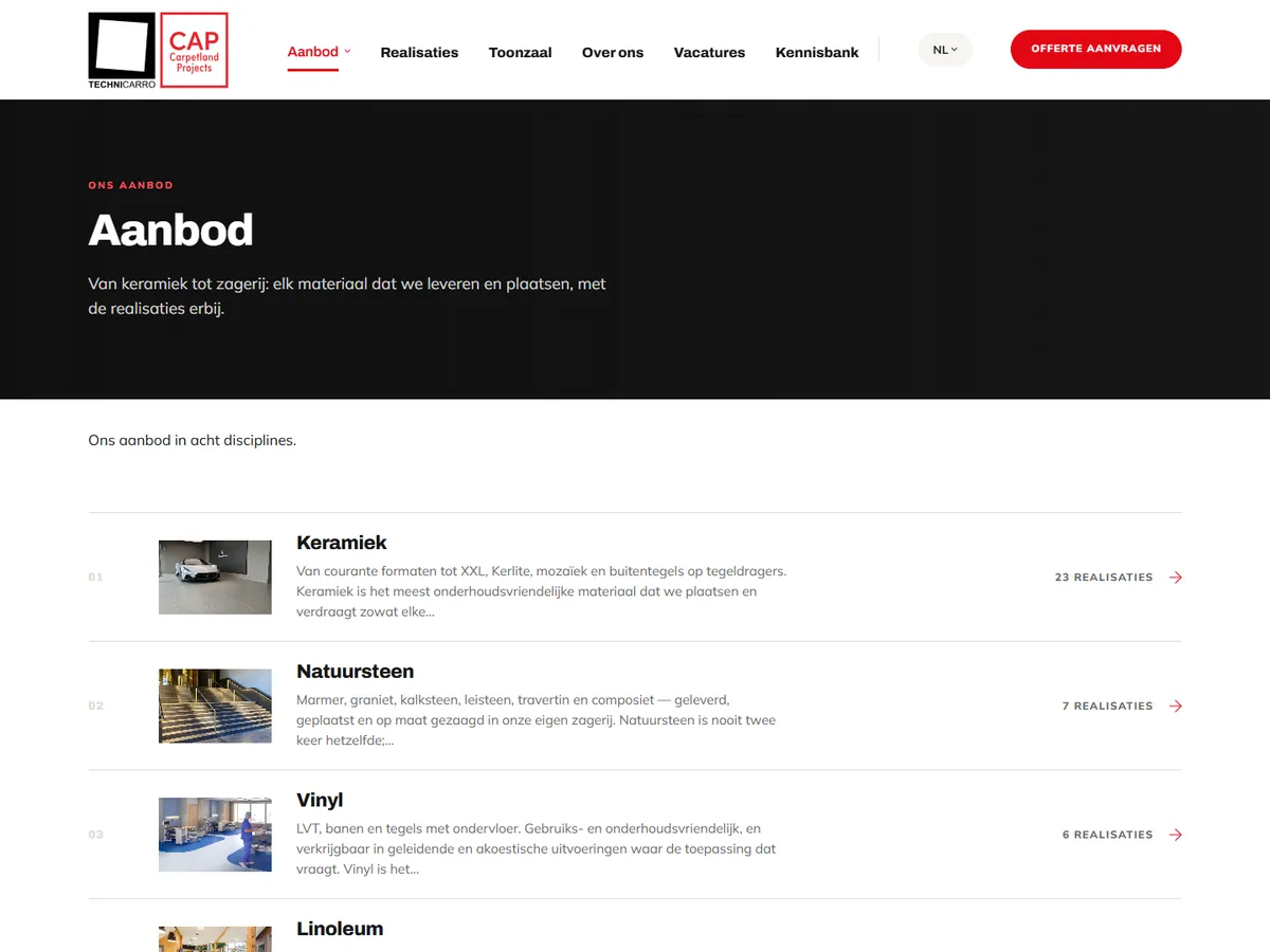 Aanbodpagina van Technicarro-CAP met de negen disciplines