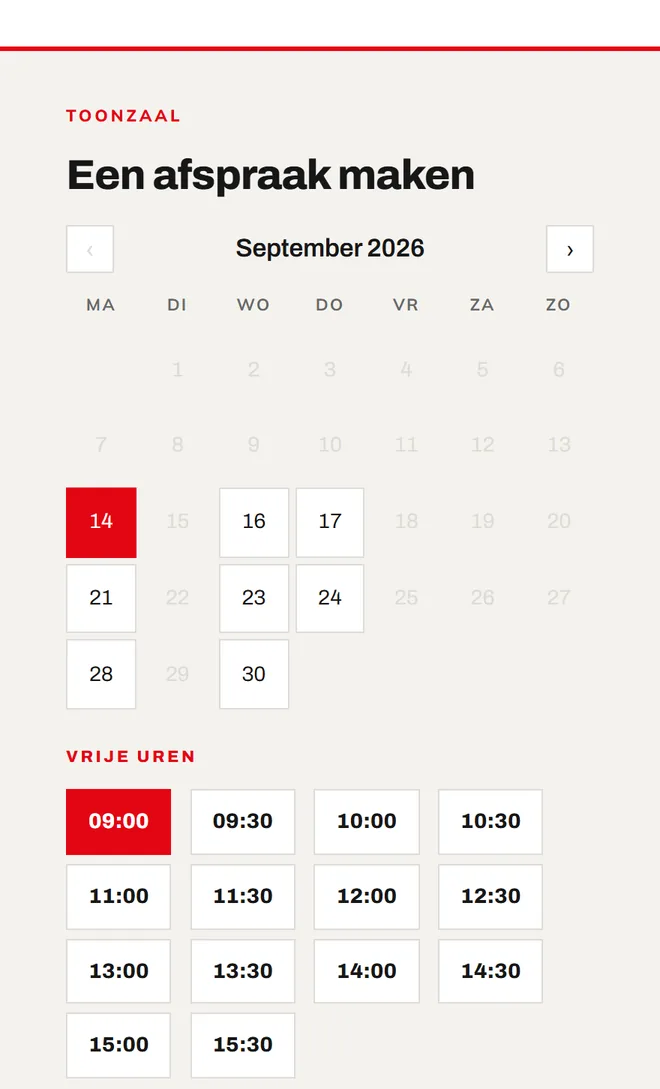 Afsprakenmodule op technicarro-cap.be met een maandkalender en vrije uren per halfuur