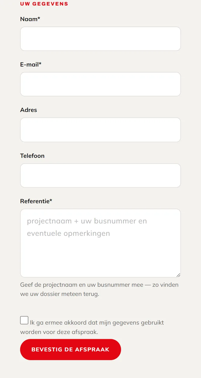 Gegevensformulier van de toonzaalafspraak met naam, e-mail, adres, telefoon, referentie en de knop Bevestig de afspraak