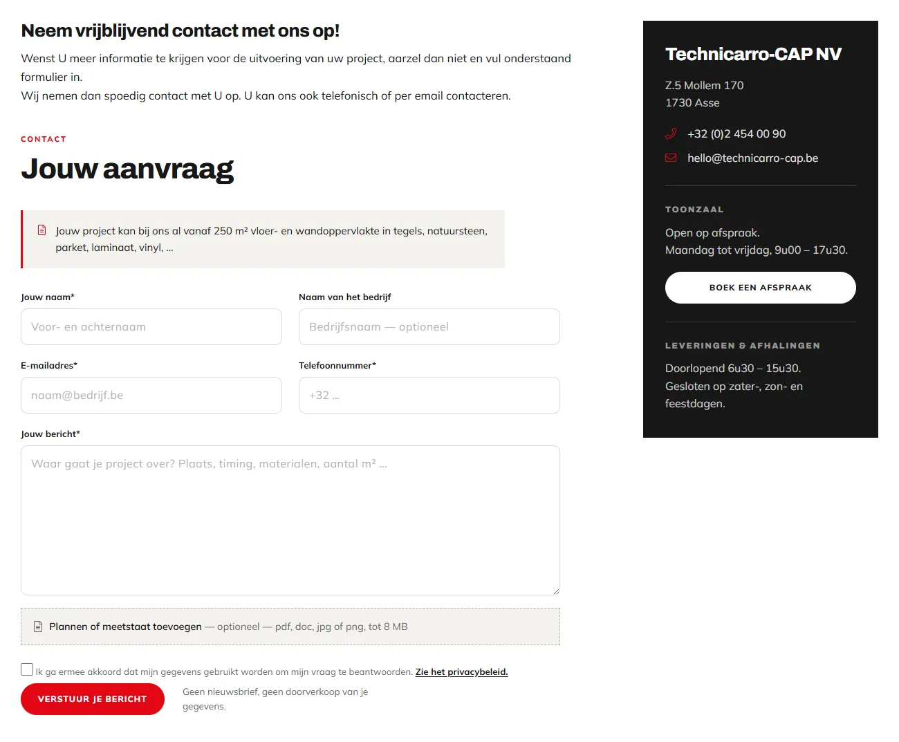 Offerteformulier op technicarro-cap.be met velden voor naam, bedrijf, e-mail, telefoon, bericht en upload van plannen of meetstaat