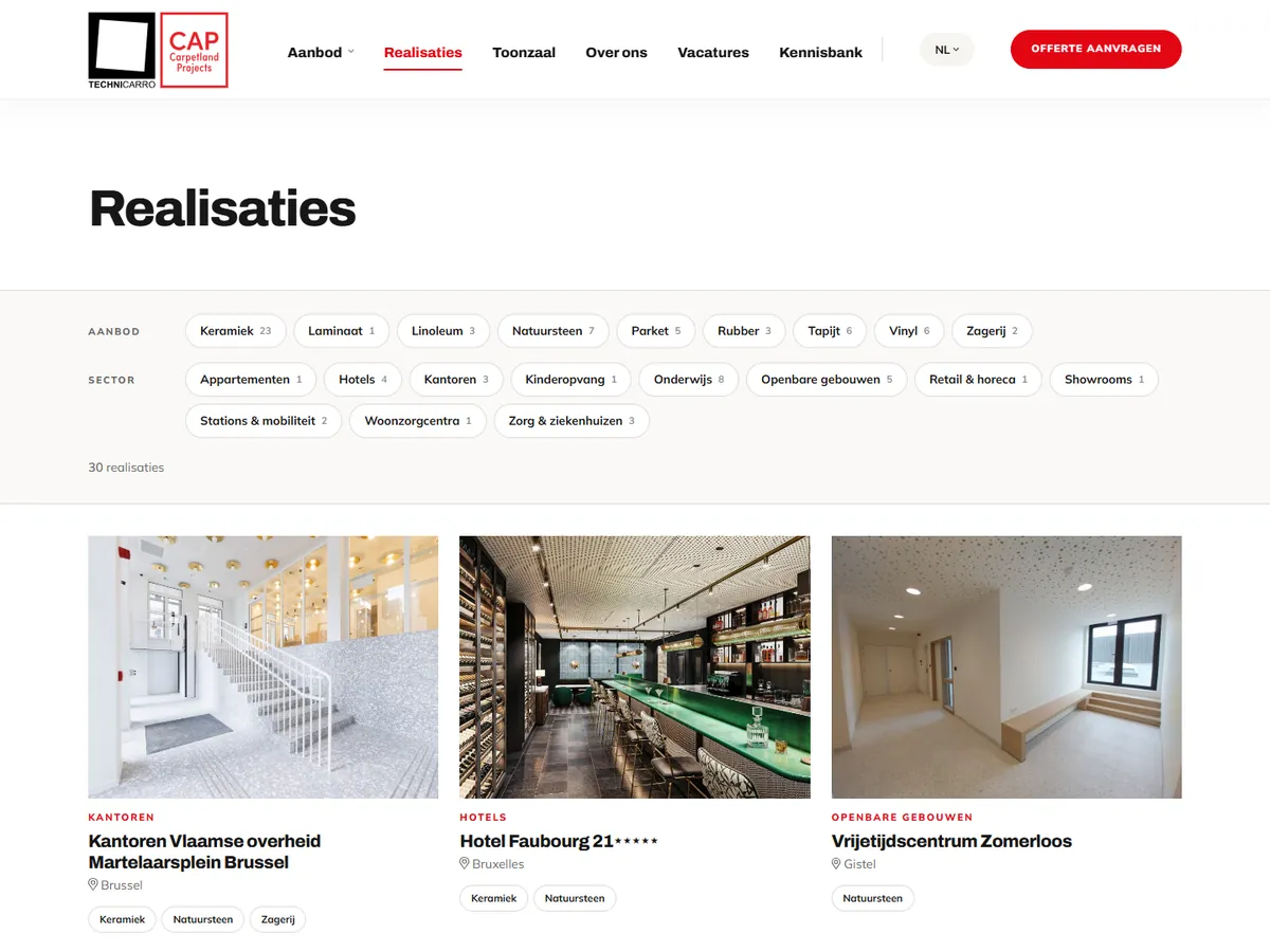 Realisatiepagina van Technicarro-CAP met filters per aanbod en sector