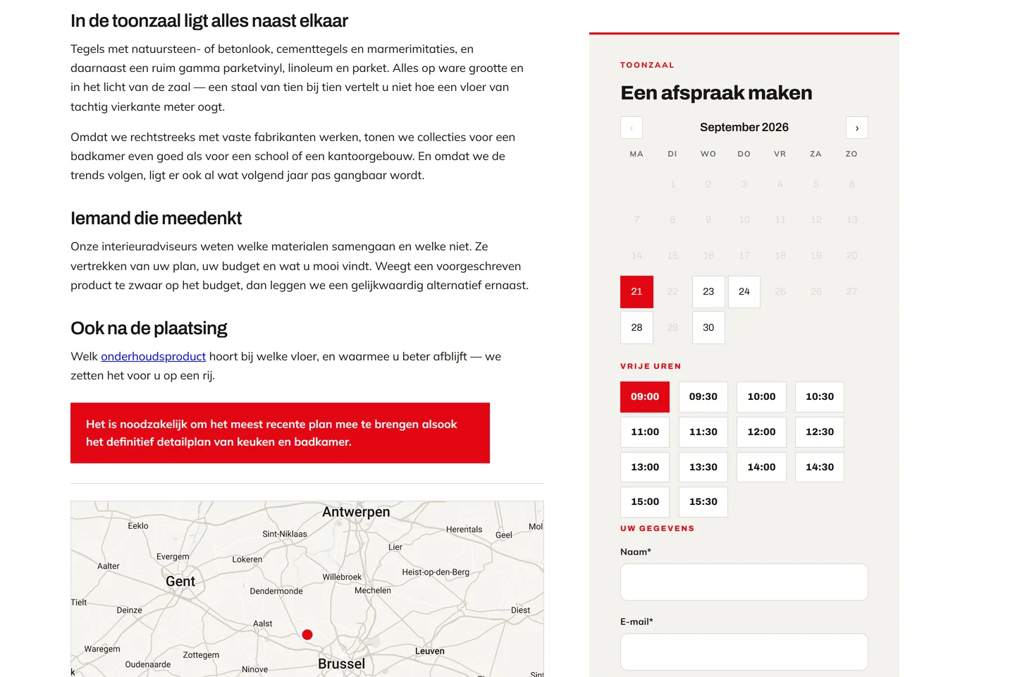 Toonzaalpagina van technicarro-cap.be met de afsprakenmodule via Microsoft Bookings