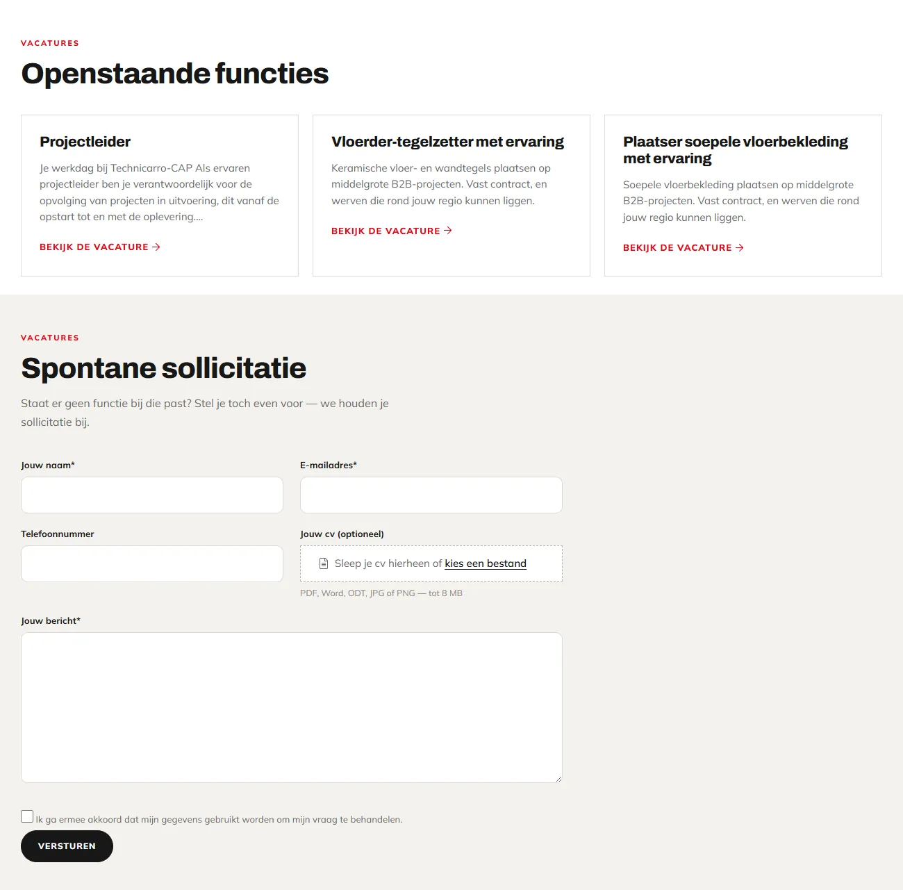 Vacaturepagina van Technicarro-CAP met drie openstaande functies en het formulier voor een spontane sollicitatie met cv-upload