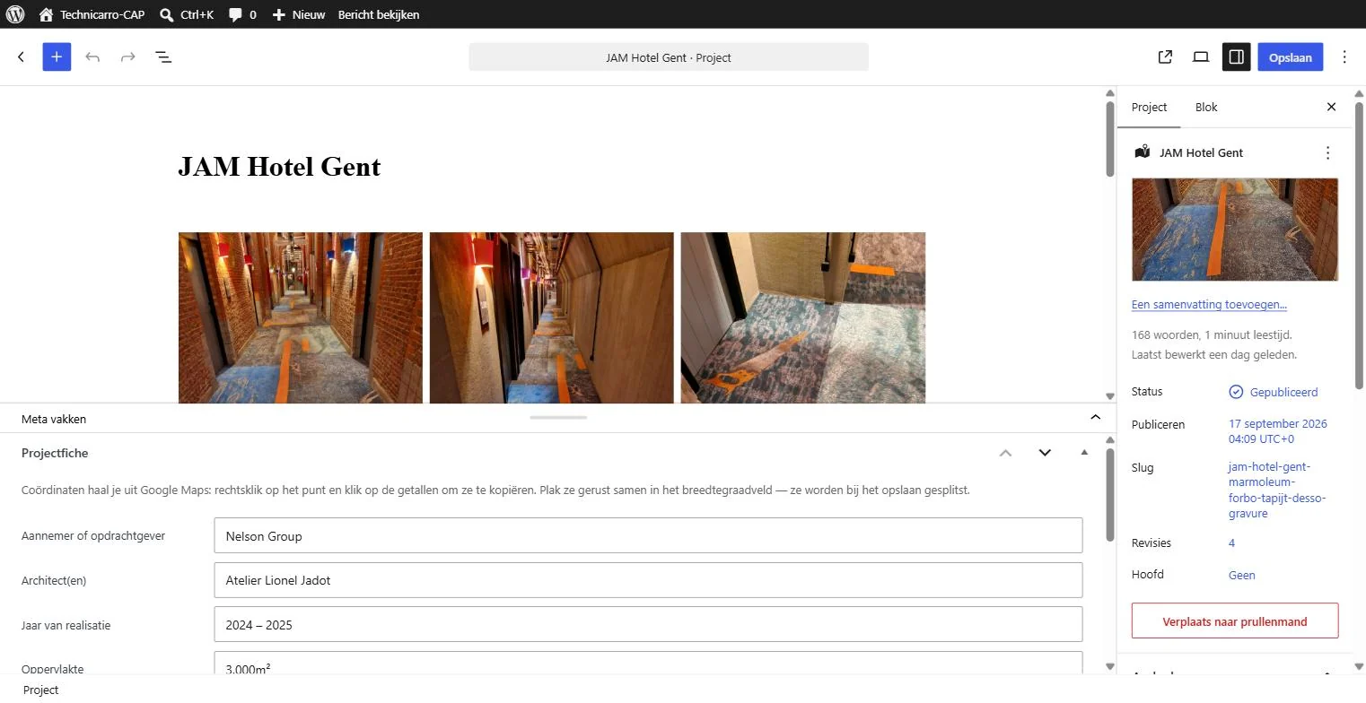 Bewerkscherm van een project in de WordPress-backend van technicarro-cap.be met foto’s en een projectfiche met aannemer, architect, jaar en oppervlakte