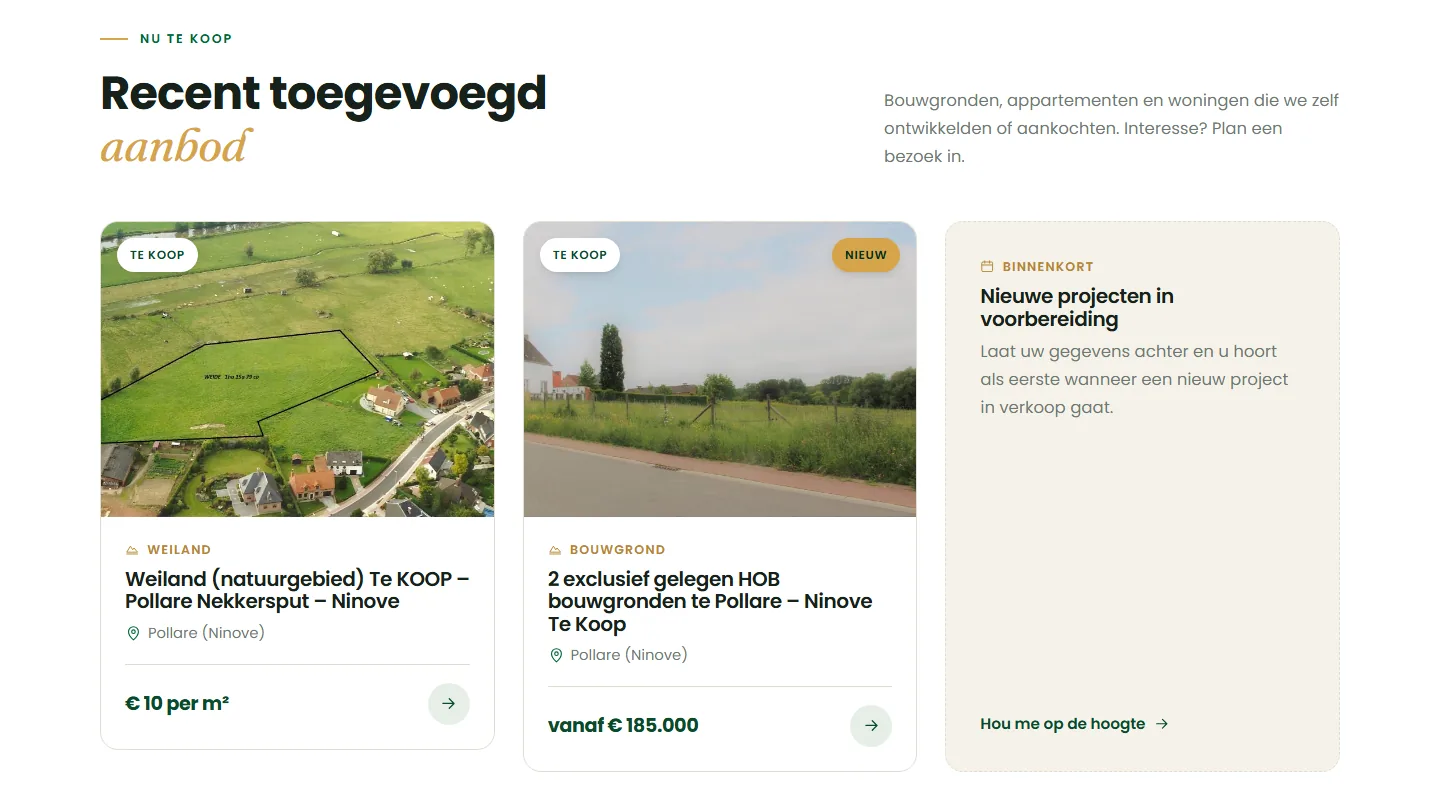 Recent toegevoegd aanbod op vastgoed-lombok.be met twee panden te koop en een vak Nieuwe projecten in voorbereiding