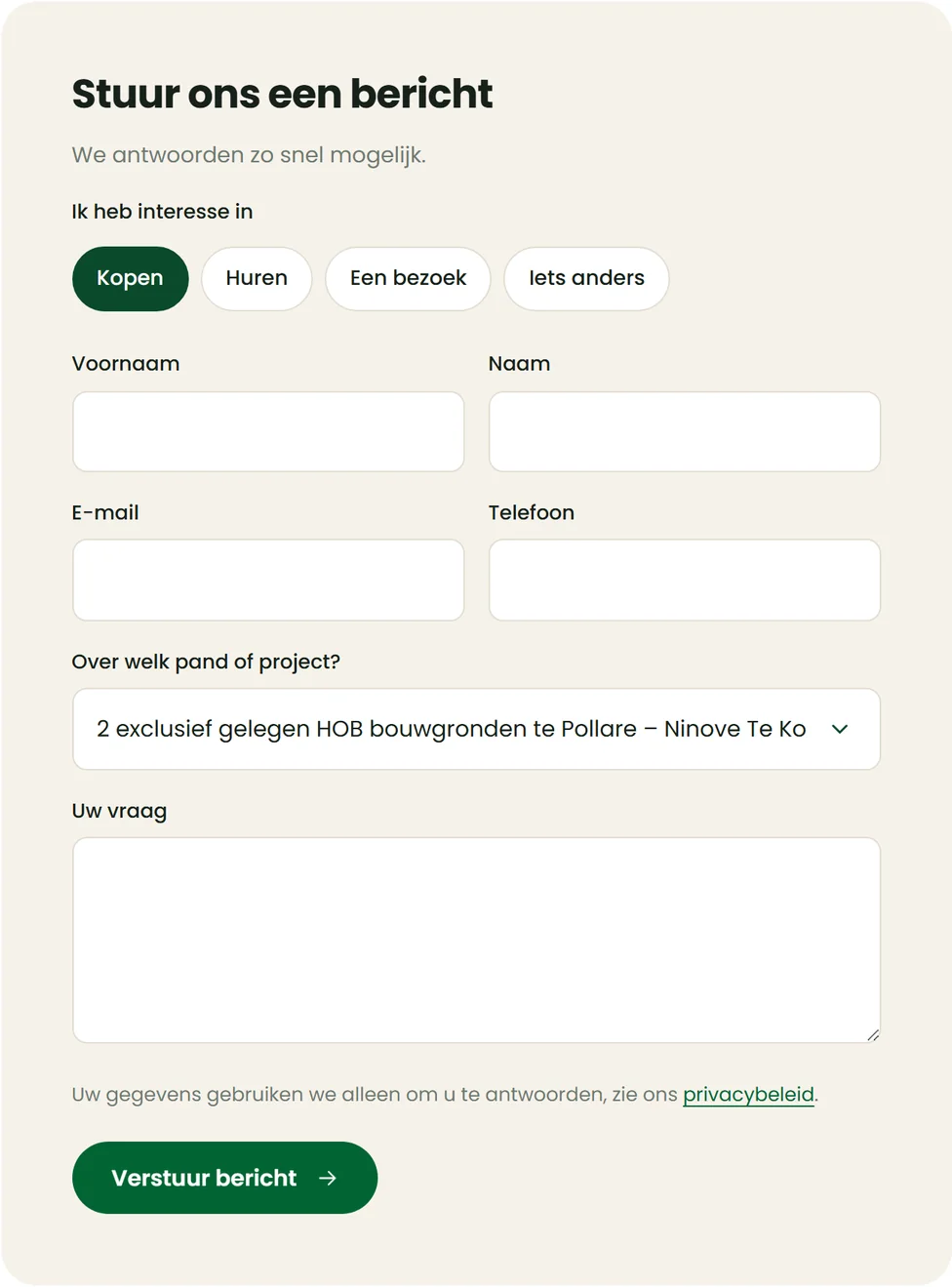 Contactformulier op vastgoed-lombok.be met de keuze Kopen en een gekozen pand in de lijst Over welk pand of project
