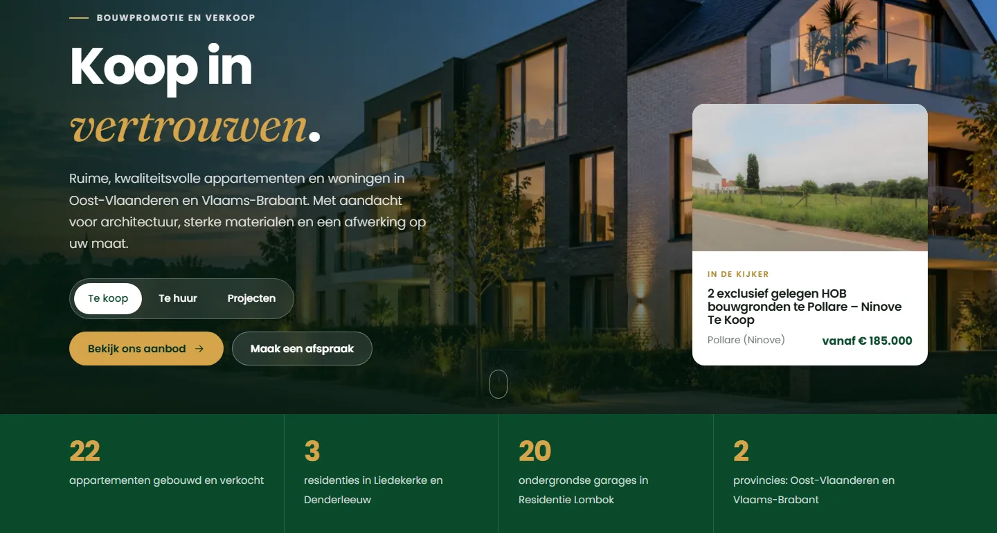 Openingsbeeld van vastgoed-lombok.be met daaronder een groene band met kerncijfers: 22 appartementen, 3 residenties, 20 garages en 2 provincies