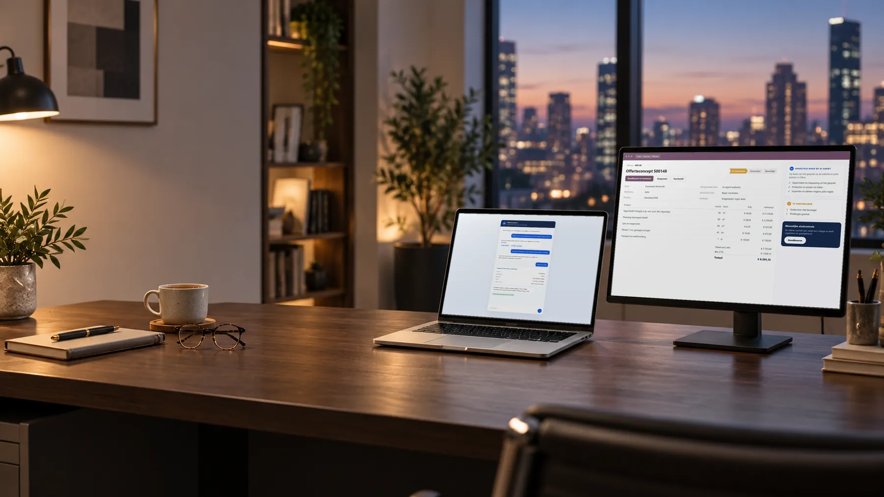 Een gesprek met de AI-agent op een laptop en het offerteconcept dat de agent in Odoo klaarzette op een groot scherm, op een bureau met avondzicht op de stad