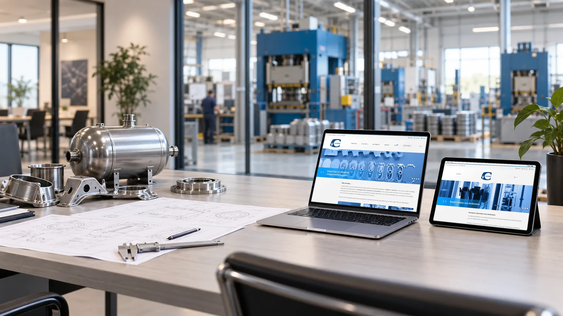 De website van Culobel Group op een laptop en een tablet, op een tafel met technische plannen en inox onderdelen, met zicht op de productiehal
