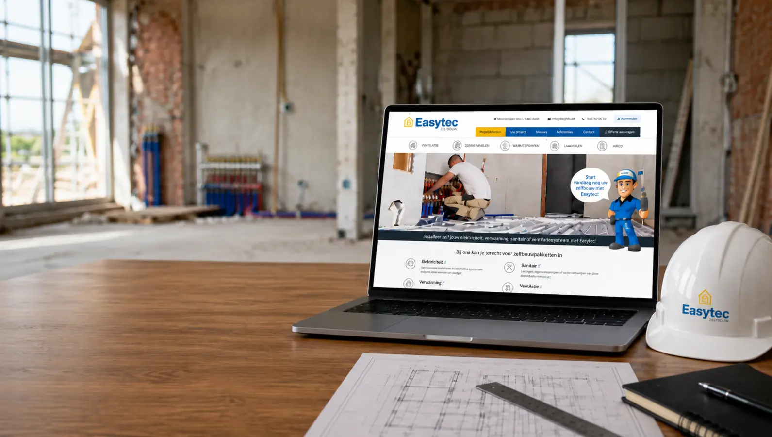 Easytec-website weergegeven op een laptop in een professionele werkomgeving
