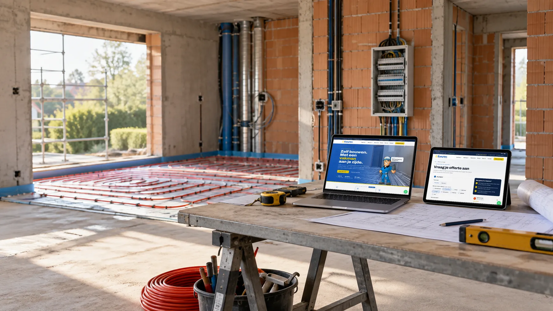 De website van Easytec op een laptop en het offerteformulier op een tablet, op een werktafel in een woning in opbouw met vloerverwarming en een verdeelkast