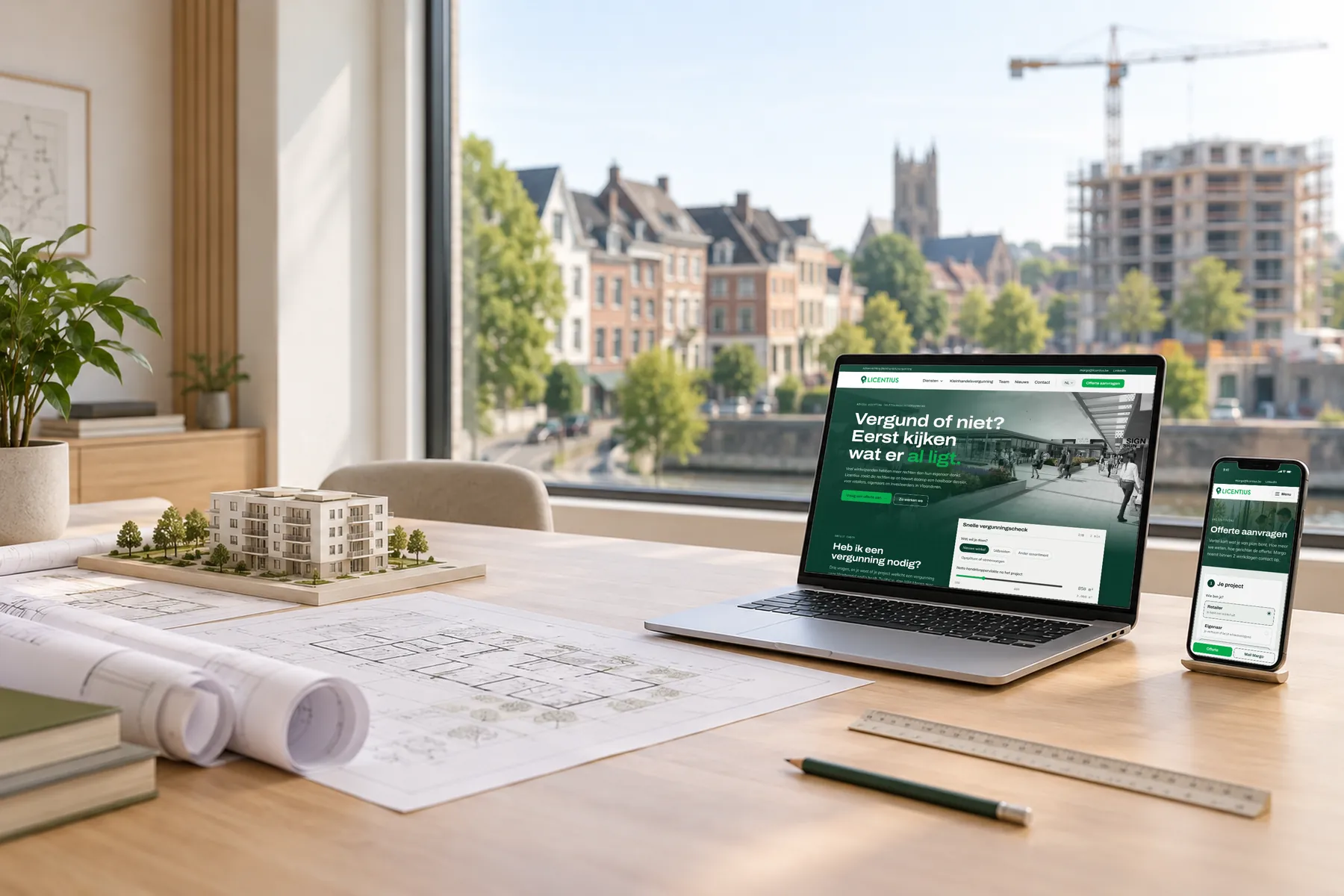 De website van Licentius op laptop en smartphone, naast bouwplannen en een maquette van een appartementsgebouw