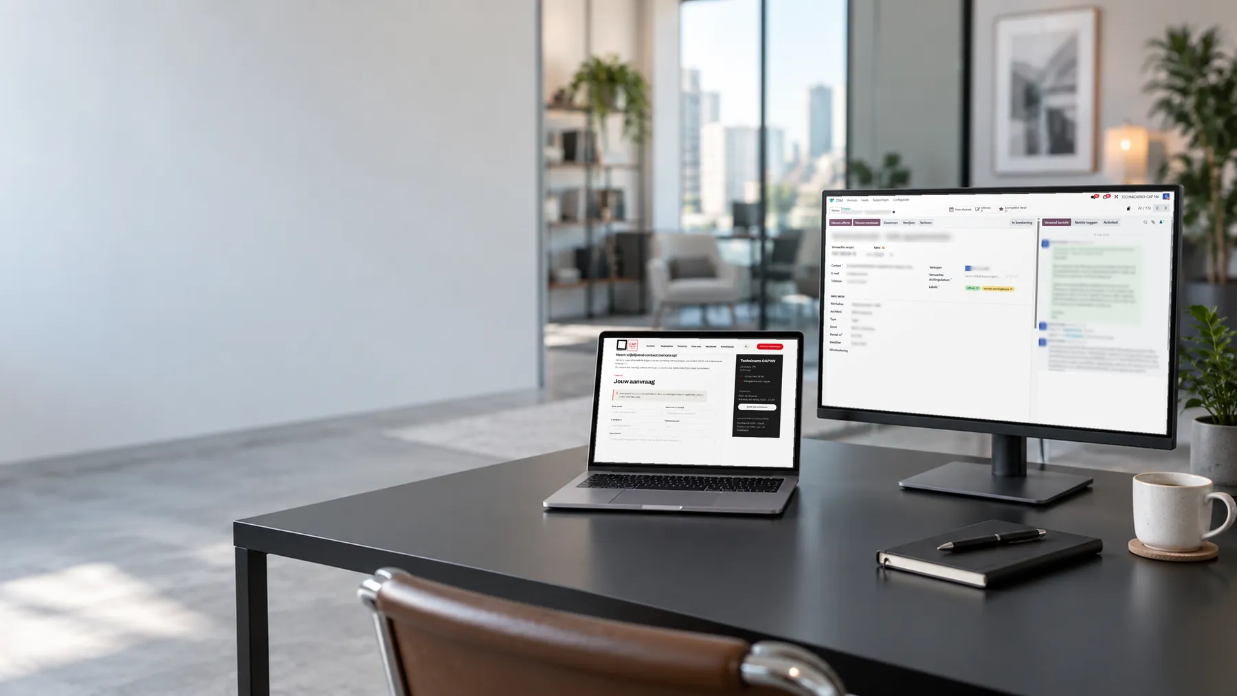 Offerteaanvraag op de website van Technicarro-CAP op een laptop, en dezelfde aanvraag als verkoopkans in Odoo op een groot scherm