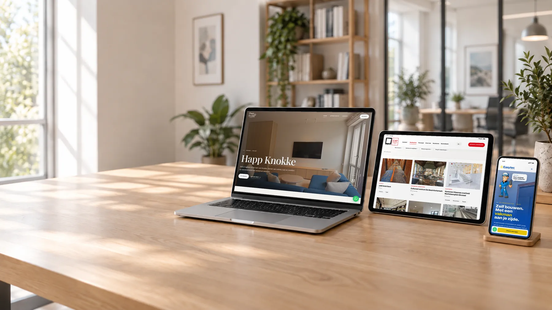 Drie klantwebsites naast elkaar: Happ Knokke op een laptop, Technicarro-CAP op een tablet en Easytec op een smartphone, op een houten tafel in een lichte studio