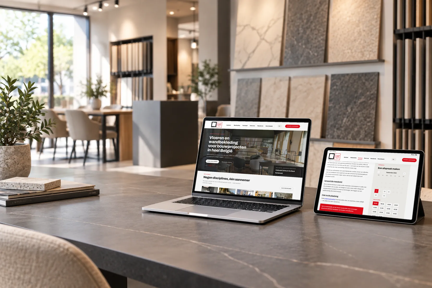Website van Technicarro-CAP op een laptop en een tablet op een tafel in een tegeltoonzaal