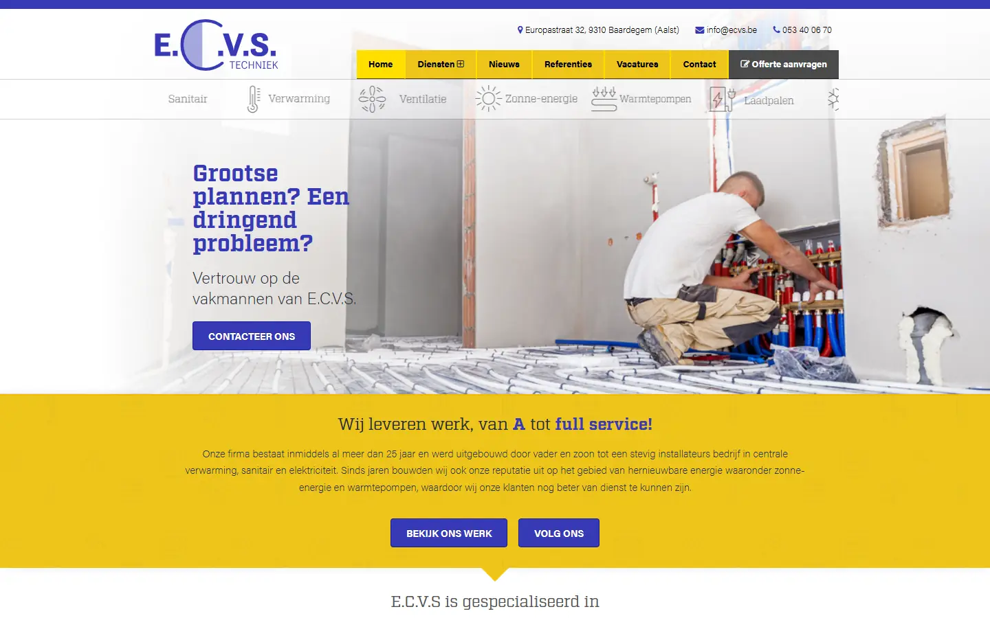 Homepage van ecvs.be met de boodschap Grootse plannen? Een dringend probleem? en een installateur aan het werk