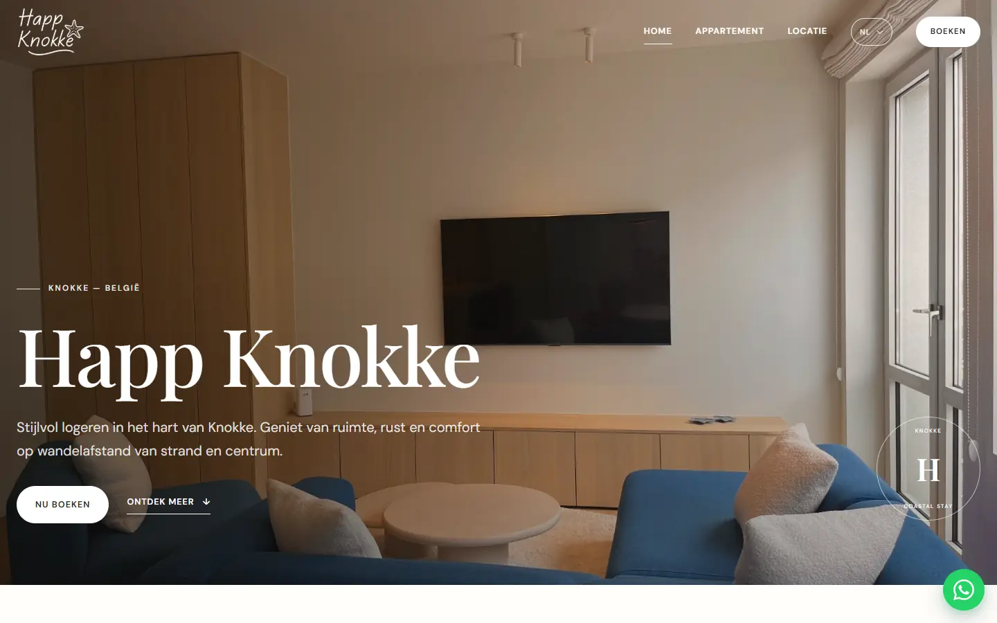 Homepage van happknokke.be met de titel Happ Knokke en de knop Nu boeken