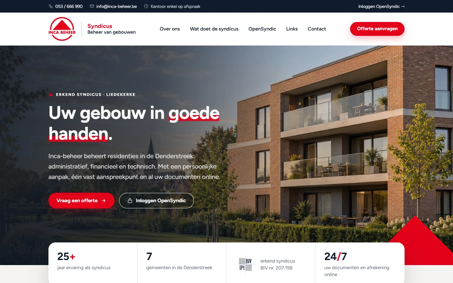 Homepage van inca-beheer.be, de website van een syndicus in Liedekerke